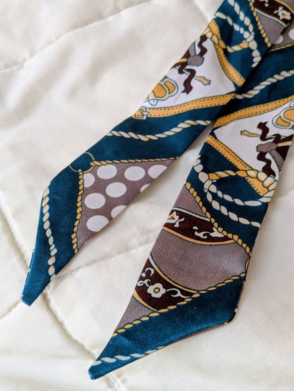 Twilly Style Satin Silk Scarf Nautical Polka Dot Rope Print Teal Green Gray Gold